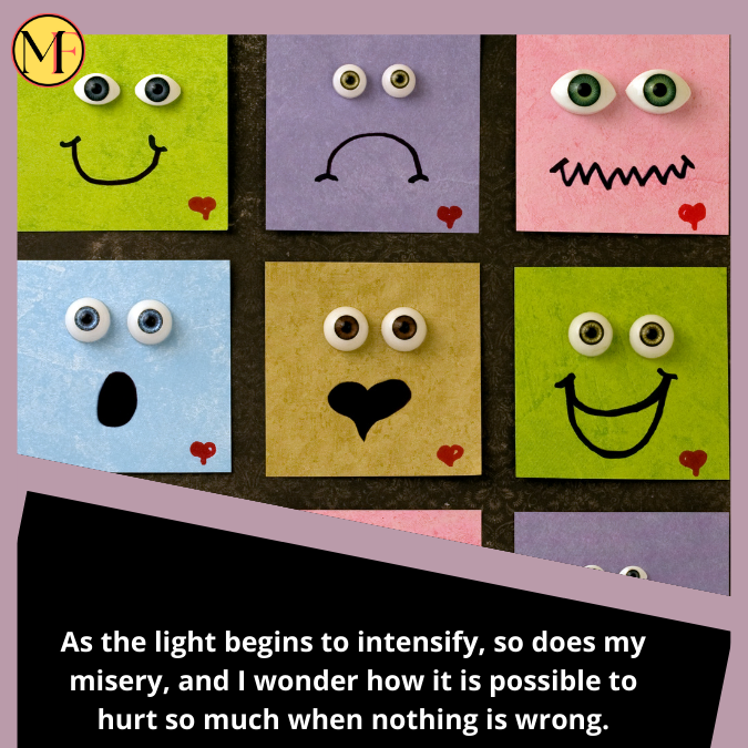 As the light begins to intensify, so does my misery, and I wonder how it is possible to hurt so much when nothing is wrong.