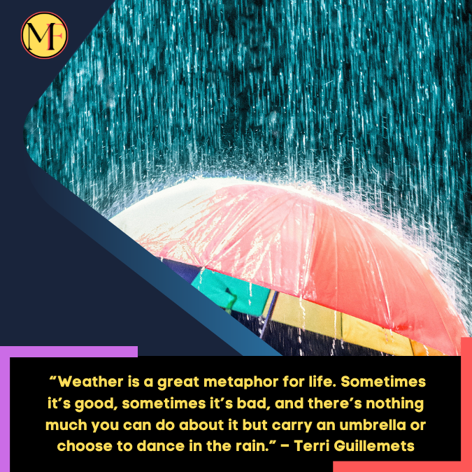 _“Weather is a great metaphor for life. Sometimes it’s good, sometimes it’s bad, and there’s nothing much you can do about it but carry an umbrella or choose to dance in the rain.” – Terri Guillemets