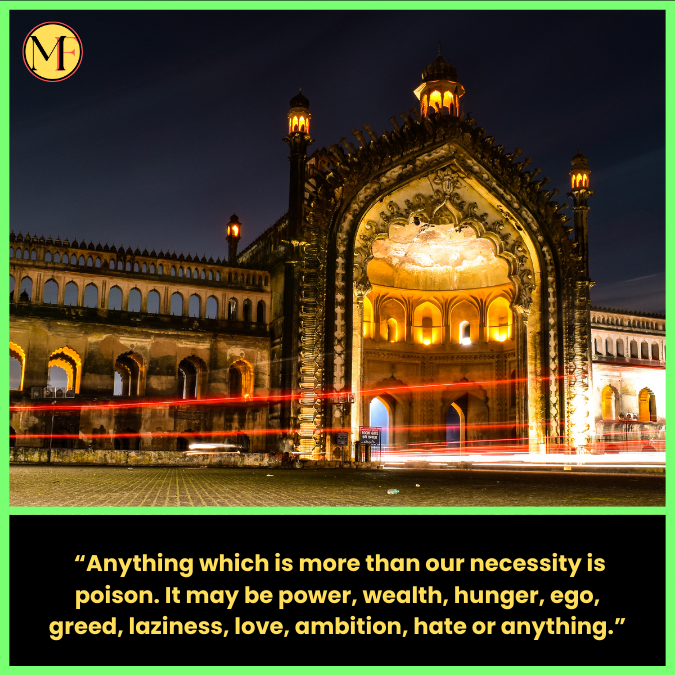   “Anything which is more than our necessity is poison. It may be power, wealth, hunger, ego, greed, laziness, love, ambition, hate or anything.”