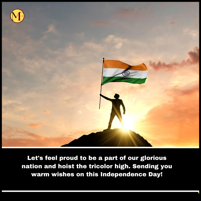 Let's feel proud to be a part of our glorious nation and hoist the tricolor high. Sending you warm wishes on this Independence Day!